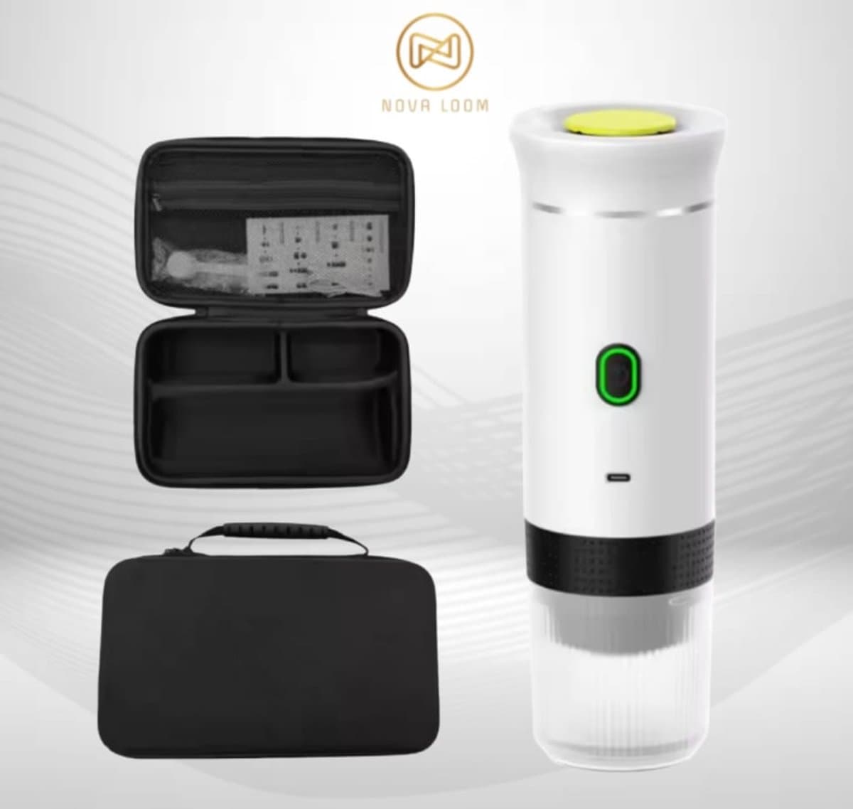 Nova Loom - Draagbaar Espressomachine Pro inclusief Travelbag en houder voor auto, thuis en camping - Multifunctionele 3-in-1 draagbare elektrische reiskoffieapparaat - Capsule, cups en Poeder - Wit - draadloos - makkelijk oplaadbaar — afbeelding 1