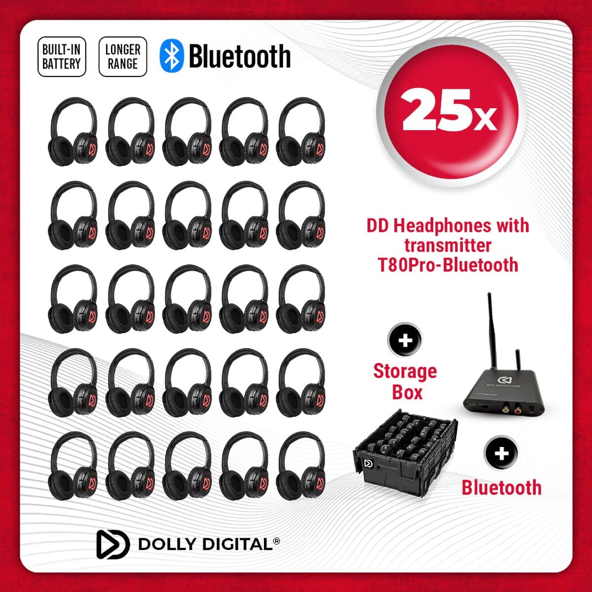 Dolly Digital© Original Silent Disco draadloze koptelefoons voor groepen. PRO BOX 25 oplaadbare headsets + Bluetooth zender T80Pro | Dolly Digital© — afbeelding 1