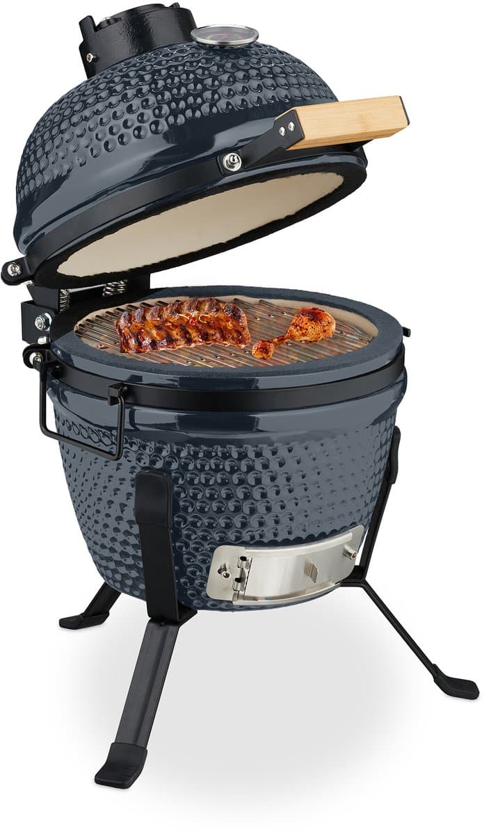 Kamado barbecue - Ø 26 cm - keramisch - met thermometer - deksel - grijs — afbeelding 1