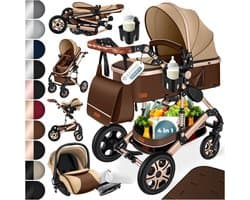 KESSER® Kinderwagen 3 in 1 Loops Wandelwagen Set incl. Autostoel & Reiswieg & Buggy Sportzitje - Massieve Rubberbanden - Luiertas / Regenhoes - Bruin / Champagne