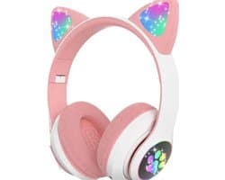 Kinder Hoofdtelefoon-Draadloze Koptelefoon-Kids Headset-Over Ear-Bluetooth-Microfoon-Katten Oortjes-Led Verlichting-Roze