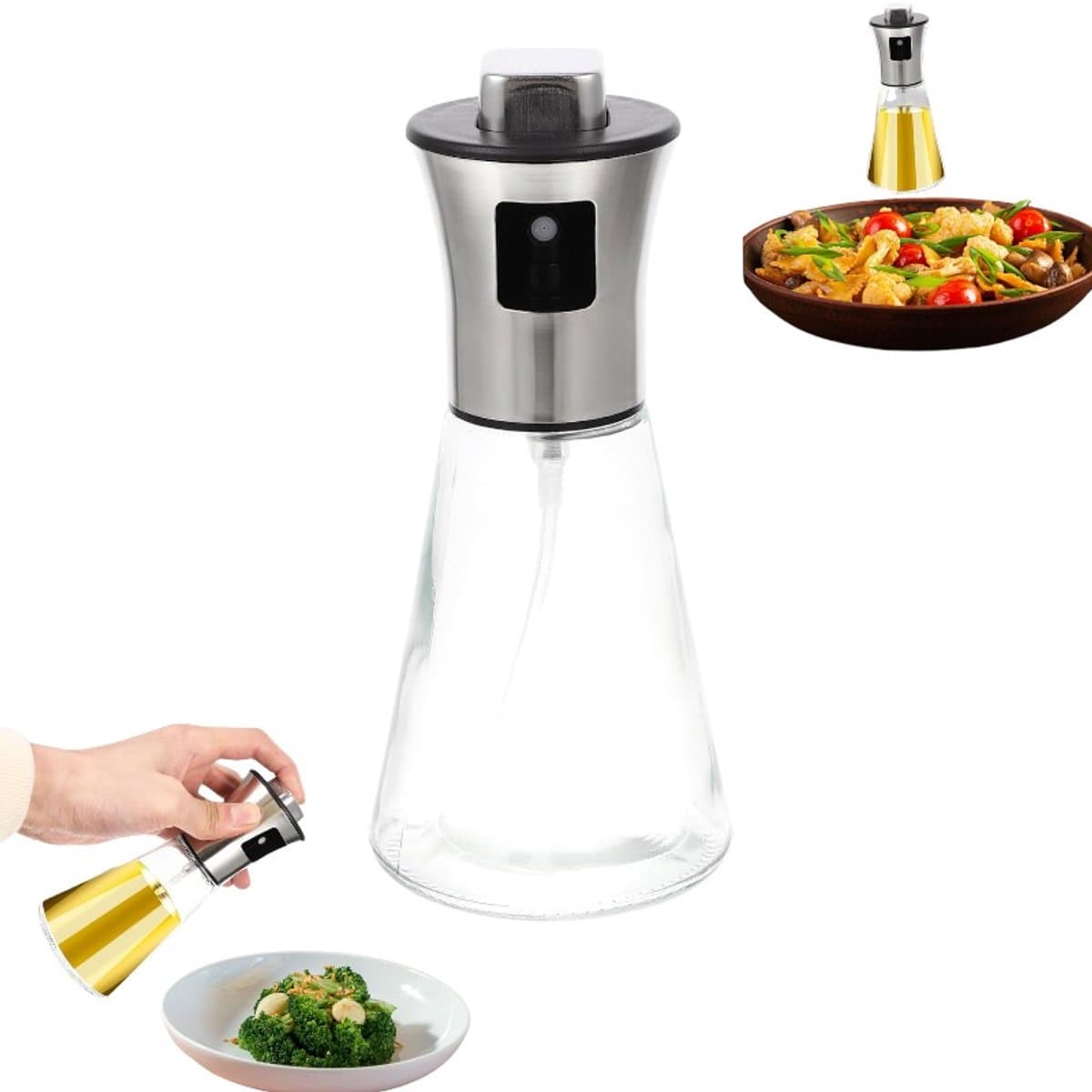Olieverstuiver - Huishoudelijke vernevelaar, roestvrijstalen olieverstuiver van voedingskwaliteit - Zilver - Keukenverstuiver - Glazen oliedispenser - Geschikt voor keuken, airfryer, barbecue - Conisch — afbeelding 1
