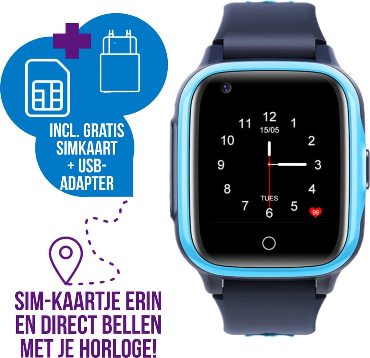 Wiesba WB36 - smartwatch kinderen - gps horloge kind - kinderhorloge bellen - gps tracker kinderhorloge - kinderhorloge met gps - kinderhorloge - Blauw — afbeelding 1