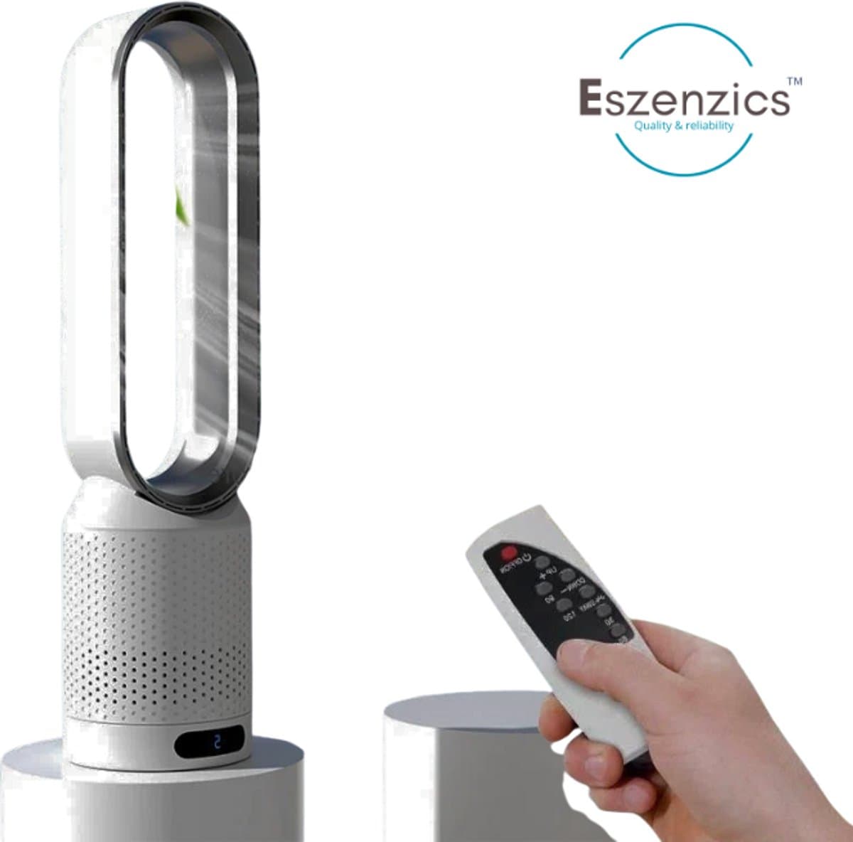 Eszenzics™ Ventilator Blade7 - Energiezuinig - 5W USB - Afstandsbediening - Timer - Luchtzuivering - 8 snelheden -58 cm - 90° Oscillatie - Veilig en duurzaam - Wit/grijs — afbeelding 1
