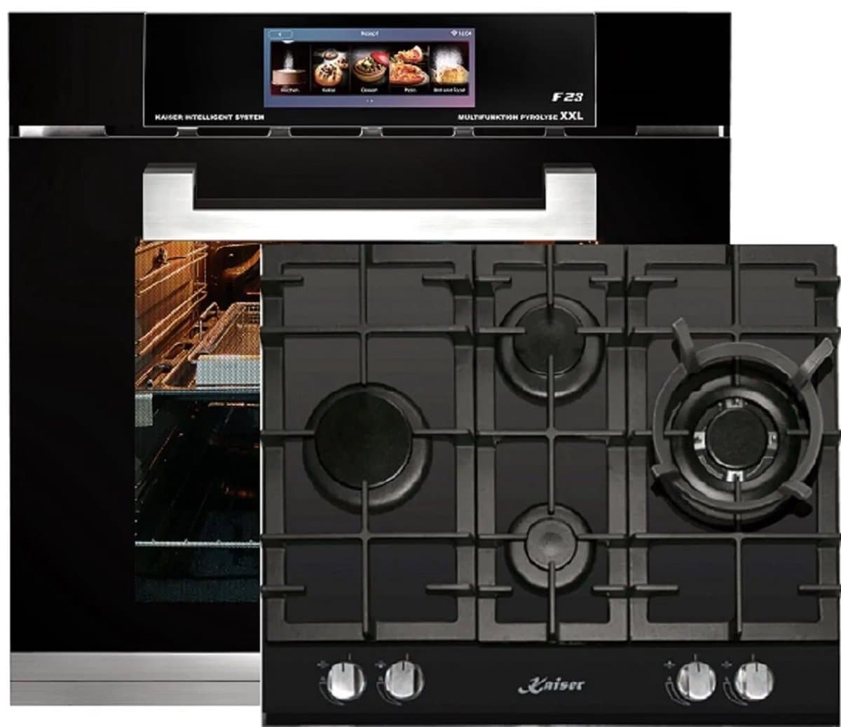 Inbouwoven - Kaiser - EH 6344 - Inbouwoven 60 cm - Zwart glas- 79 l - Air fryer- TFT - automatische braadfunctie + Gaskookplaat - KCG 6394 - kookplaat 60cm — afbeelding 1