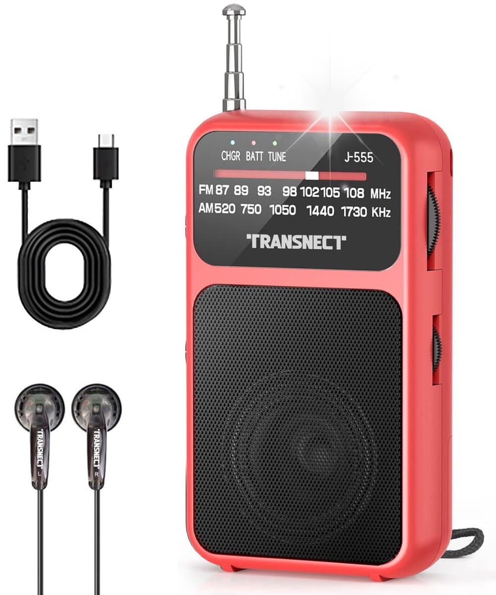 TRANSNECT® - Draagbare Noodradio - Rood - AM/FM - Oplaadbaar & Op Batterijen - Koptelefoonaansluiting - Draagbare Radio - Wereldradio - Noodpakket Must Have - Zakradio - Voor Rampen - Kleine - Transistor Radio - Telescopische Antenne — afbeelding 1