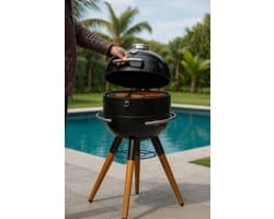Fameilleur Barbecue met Onderstel – Houtskool BBQ met Ø41 cm Grillrooster – Ingebouwde Thermometer – Heat Deflector – Houtlook Poten – Stalen Kuip – Buiten Koken – Zwart – 98 cm barbecue- met onderstel- tuinbarbecue- barbecues voor in de tuin- tuin
