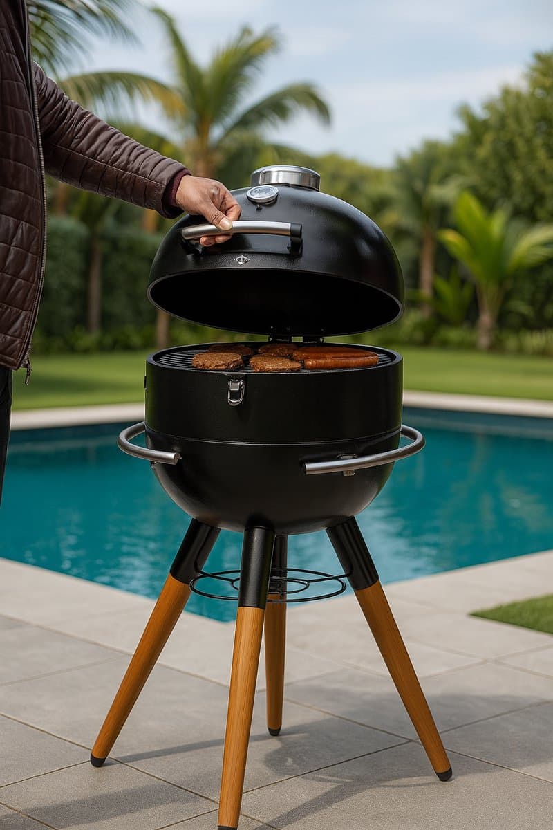 Fameilleur Barbecue met Onderstel – Houtskool BBQ met Ø41 cm Grillrooster – Ingebouwde Thermometer – Heat Deflector – Houtlook Poten – Stalen Kuip – Buiten Koken – Zwart – 98 cm barbecue- met onderstel- tuinbarbecue- barbecues voor in de tuin- tuin — afbeelding 1