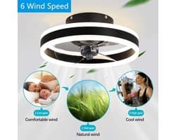 RFWR® Kleine Led Plafondventilator met Licht - 40 cm, 6 Snelheden, Dimbaar en Omkeerbaar, 3 Kleurtemperaturen, Zwart