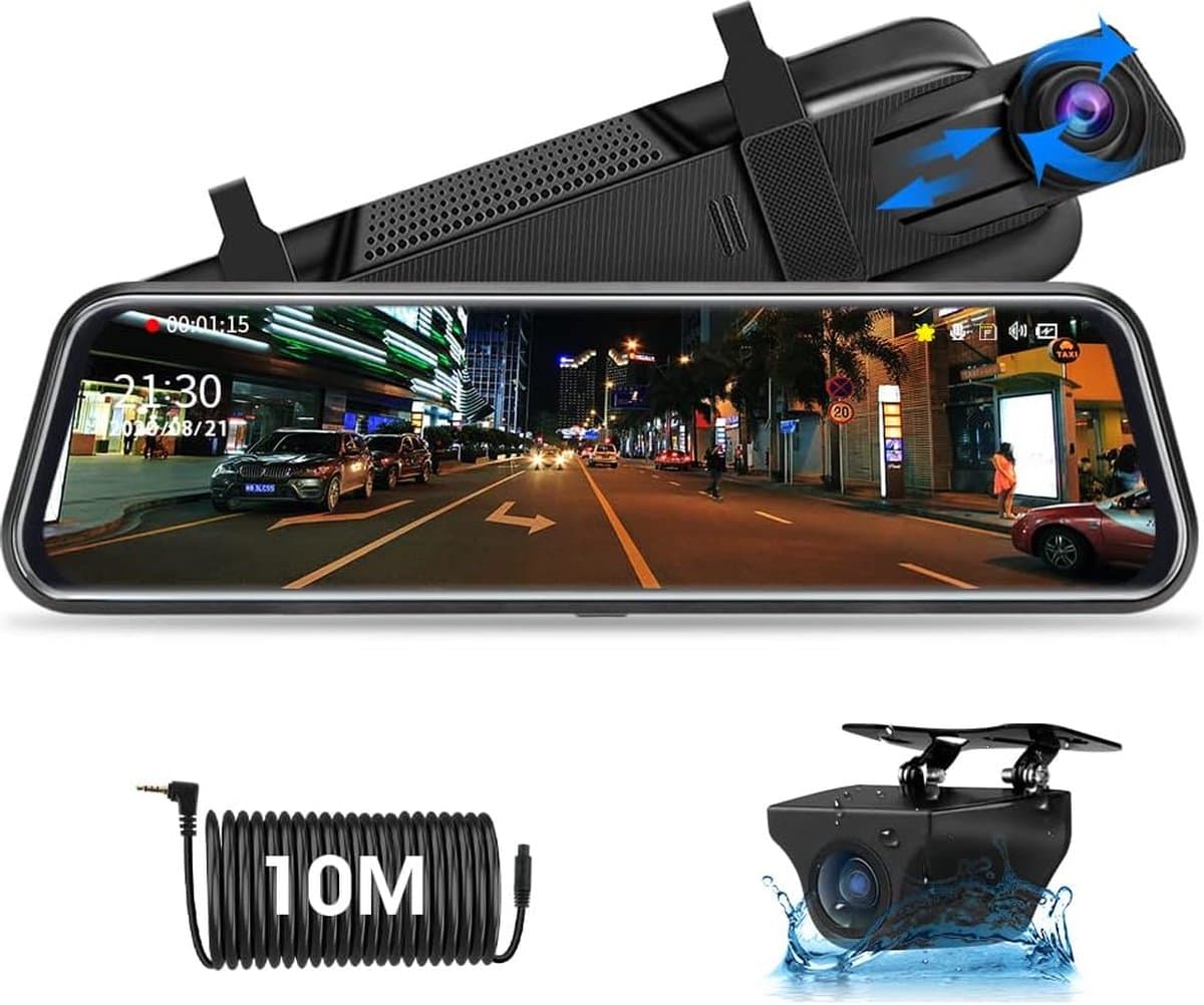 12" IPS Full Touch Screen Achteruitkijkspiegelcamera - 2160P HD Dual Lens Slimme Achteruitkijkspiegel voor Auto's en Vrachtwagens - HDR Stream Media met Nachtzicht - Gratis 32GB TF-kaart — afbeelding 1