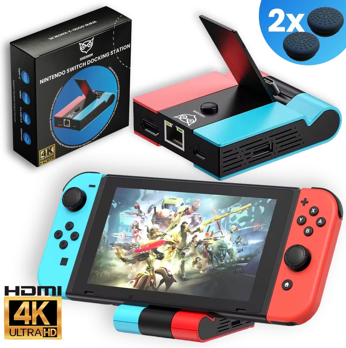 Good2know Nintendo Switch Dock Set - Multifunctioneel 5 in 1 Docking station geschikt voor Switch & OLED - Ultra HD - 4K HDMI - Oplaadstation - TV/Monitor aansluiting voor Schermprojectie - Inclusief thumb grips — afbeelding 1