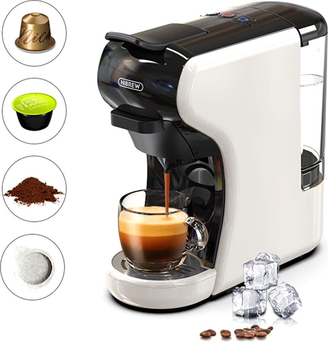 HiBREW H1A 4 IN 1 Expresso Koffiezetapparaat Compatibel met Dolce Gusto Gemalen Koffie(Wit)-Koud en Heet Extractiesysteem-19 Bar Hoge Druk-2 Kopjes Maatopties-Veilig, Geluidsarm en Makkelijk Schoon Te Maken — afbeelding 1