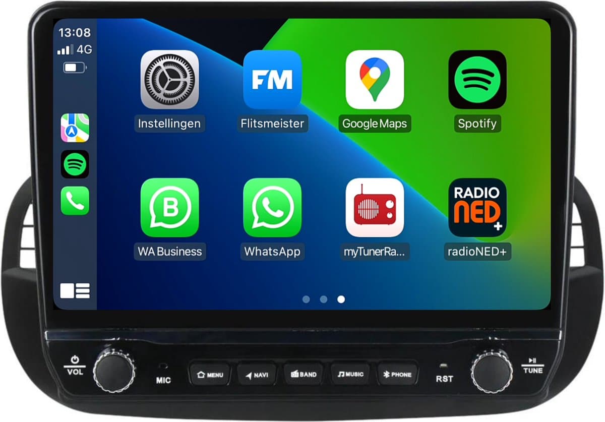 Carplay autoradio voor Fiat 500 zwart | Elegant design | 2007 t/m 2015 | Android 13 | Draadloos Apple Carplay & Android auto | 2GB + 32GB | 8-Core processor | Davilon | 2025 model | 2007 2008 2009 2010 2011 2012 2013 2014 2015 | Bluetooth & Wifi — afbeelding 1