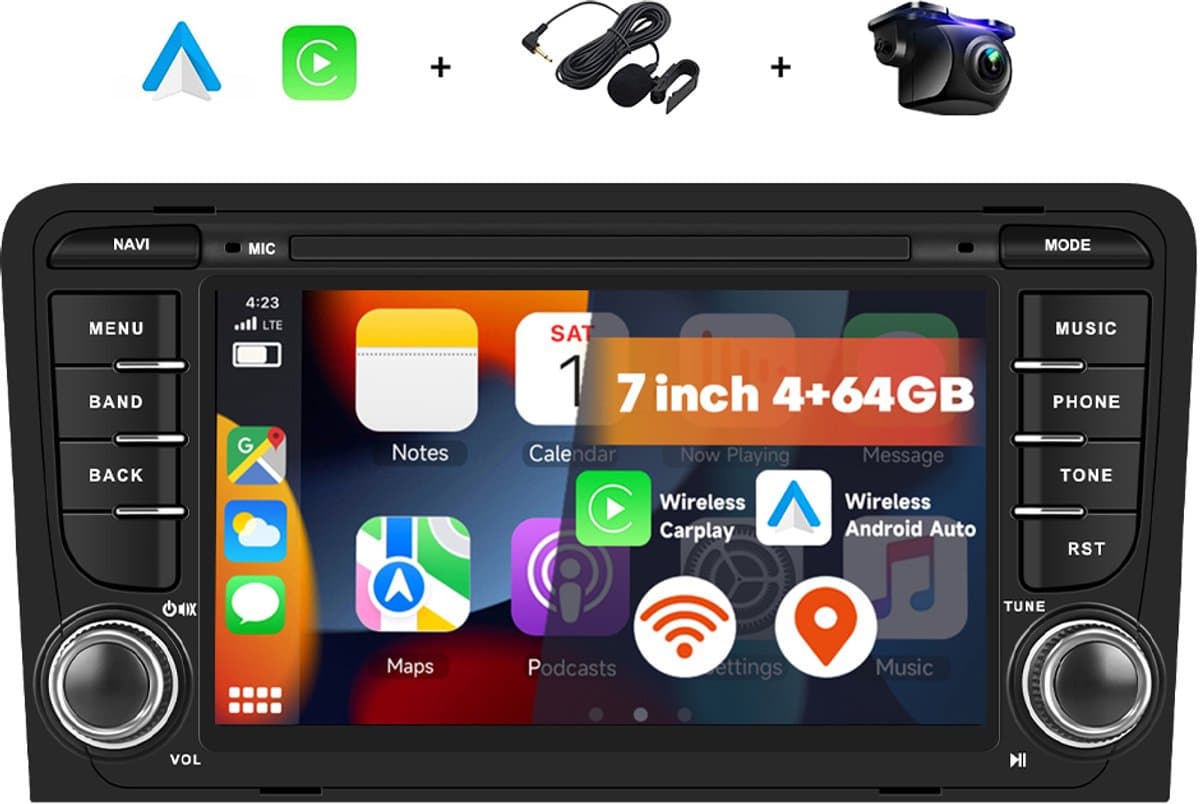 Boscer Android 15 Autoradio - Geschikt voor Audi A3, S3, RS3 (2003-2012) - 4+64GB - 7 inch HD IPS Touchscreen - Draadloze Apple CarPlay & Android Auto - GPS Navigatie - WIFI, Bluetooth, USB & MP5 - Microfoon & AHD Achteruitrijcamera - Nieuw — afbeelding 1