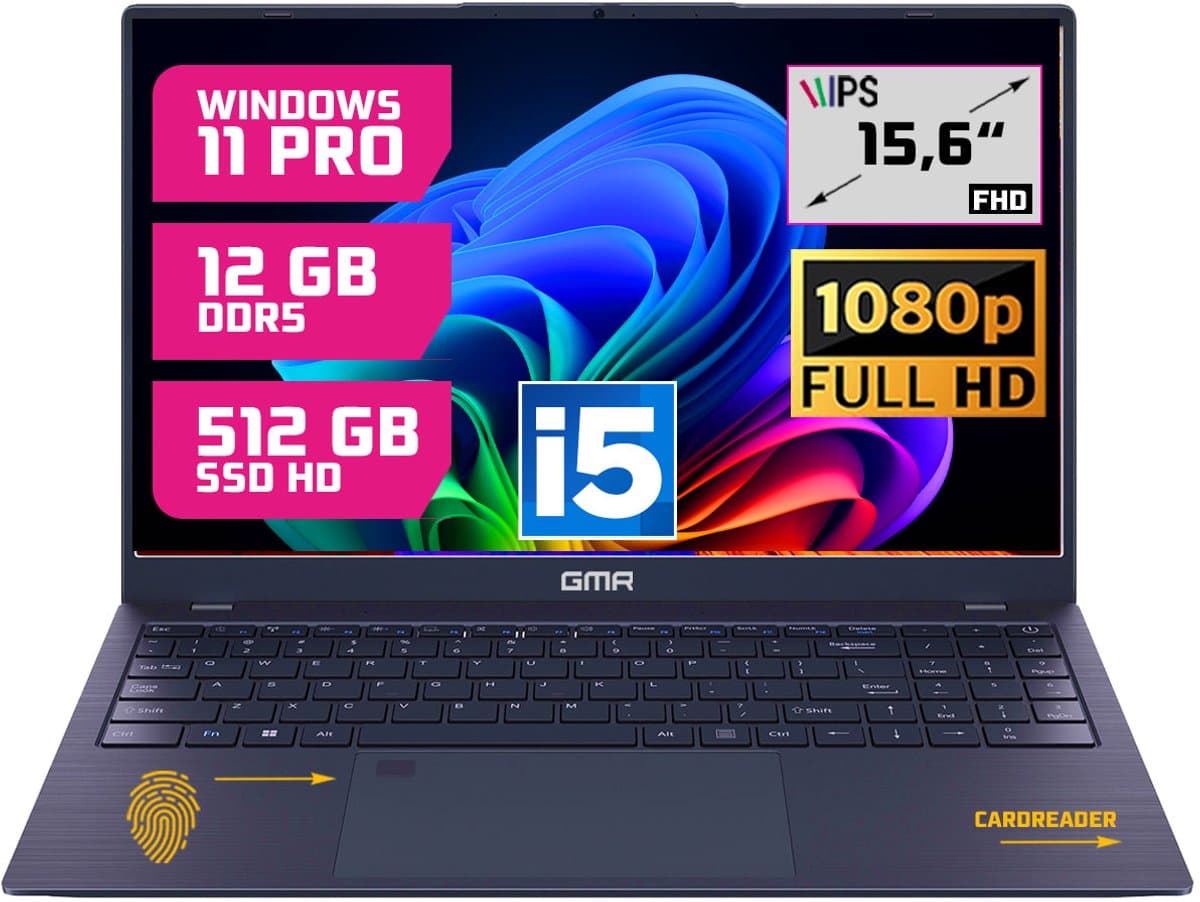 GMR Professional Laptop / 15.6 Inch Full HD Display / Intel Core i5 / 12GB DDR5 RAM / 512GB SSD / Windows 11 Pro / Perfect voor Zakelijk en Studiegebruik — afbeelding 1
