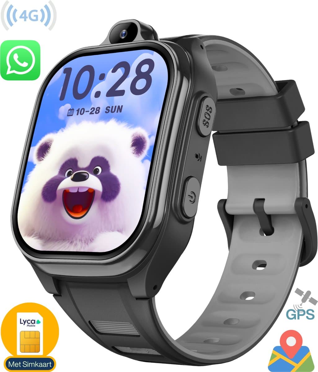 ISHIVA® PRO Smartwatch Kinderen - Kinder Smartwatch - GPS Horloge Kind (4G GPS) - Geschikt voor SIMkaart - met HD-camera & Videobellen - 800 mAh Long Battery - IPX7 Waterdicht - SOS Knop - School Mode - Voor iOS & Android - GPS Tracker - Zwart — afbeelding 1