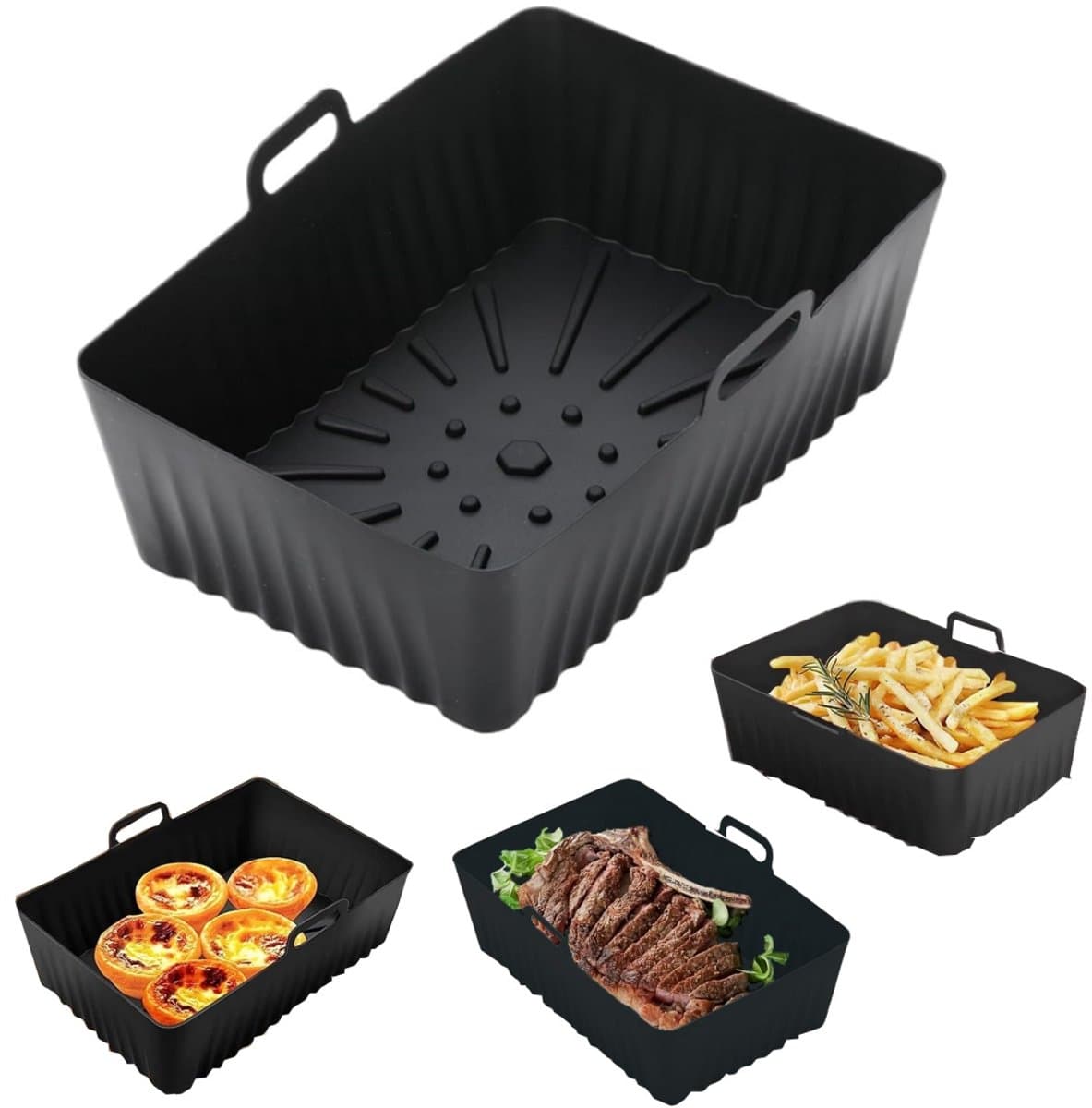 Bakplaat - dinerbord - siliconen bakplaat voor airfryers - ovenmat - vierkante bakvorm - temperatuurtolerantie van -40 tot 230℃ - met handvat - geschikt voor vlees, groenten, taarten en gebak (21,5*7cm - zwart) — afbeelding 1