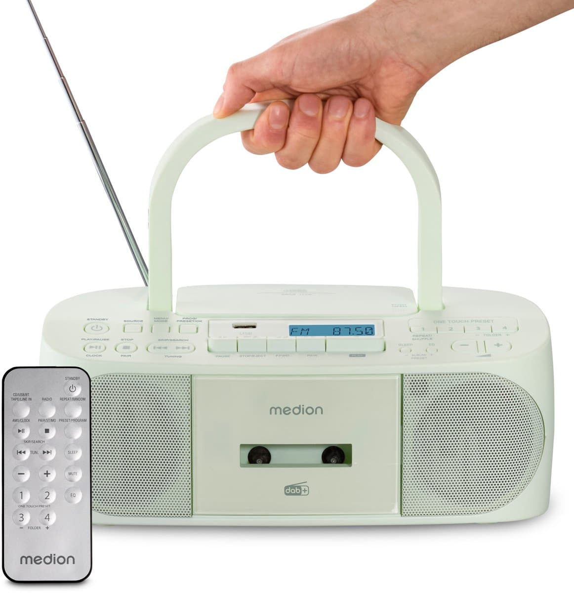 MEDION DRX-1 Plus Boombox (draagbare DAB+ & FM-radio, Bluetooth, cd-speler, MP3, cassette, hoofdtelefoonaansluiting, stereo, AUX, netstroom & batterijen) groen — afbeelding 1