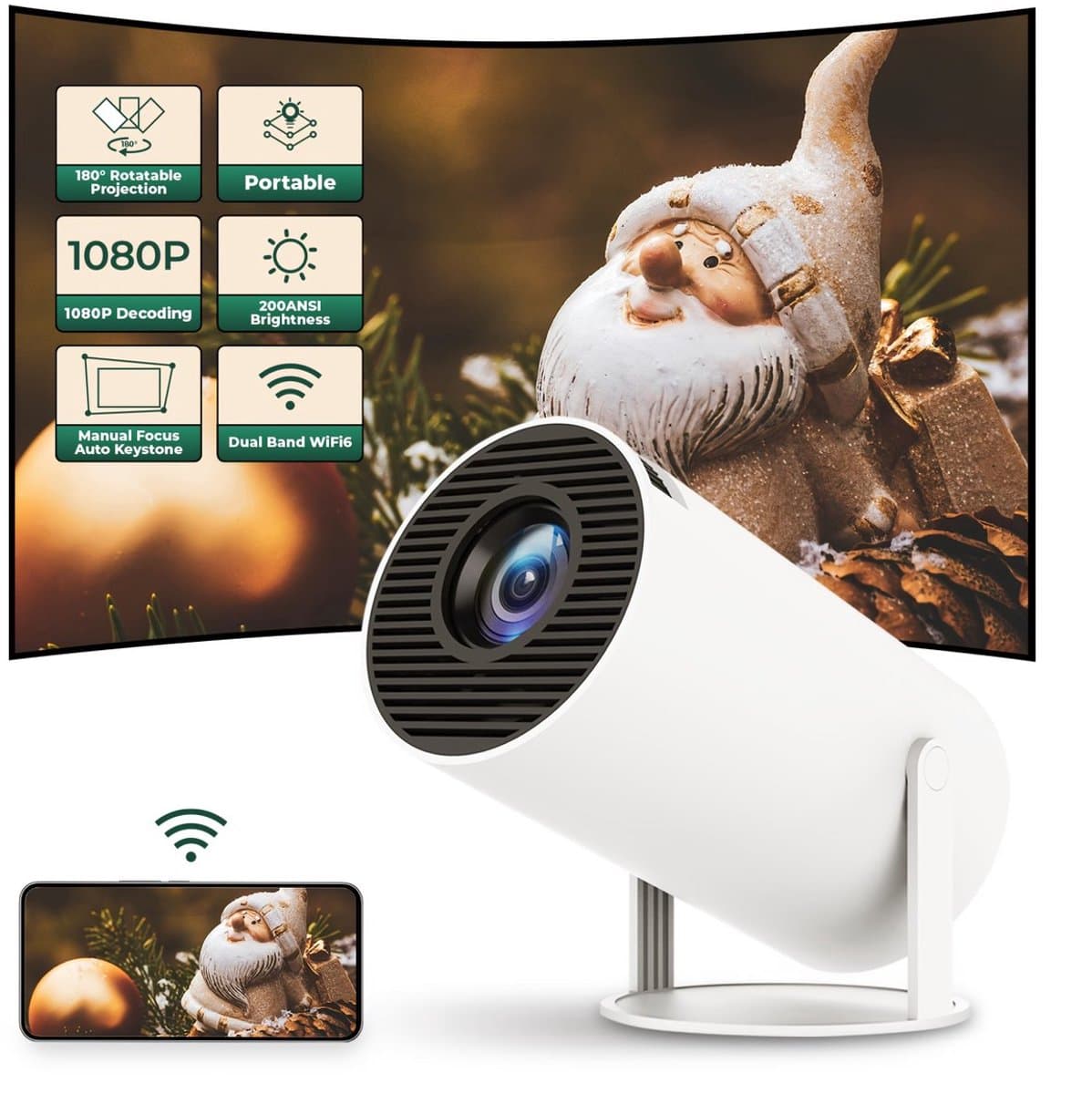 Portable Projector Beamer | Draagbare Beamer |Projector | Hy300 | 4K | Android 11 Dual Wifi | Home Cinema Outdoor | Projector | Beamer | Makkelijk mee te nemen | 180-graden Rotatie | Luxury | — afbeelding 1