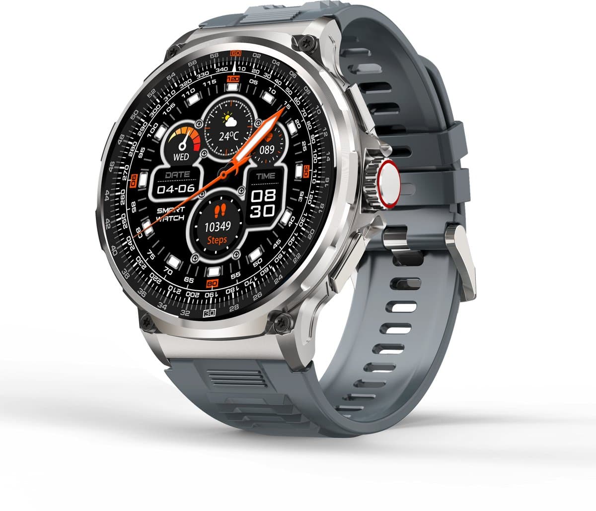 Knobbout 1.85” HD Sport Smartwatch – 710mAh Extra Grote Batterij – Bluetooth Bellen – RVS Bezel – Hartslagmeting/Bloeddrukmeting/Slaapmonitoring/Calorieverbruik – Android & iOS – Blauw Grijs Siliconen Band — afbeelding 1