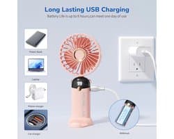 Handmatige Ventilator met LED Scherm en 4000mAh Batterij - 5-in-1 Reis, Bureau en Nekventilator (Roze)