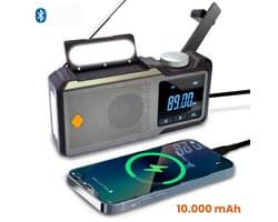 Goliving Noodradio - 17 x 9 x 4 cm - Draagbare Radio - Powerbank Zonneenergie Solar Opwindbaar - Zaklamp Oplaadbaar - Digitale Wekker - Bluetooth - 10000 mAH - 80 dB - Zwart