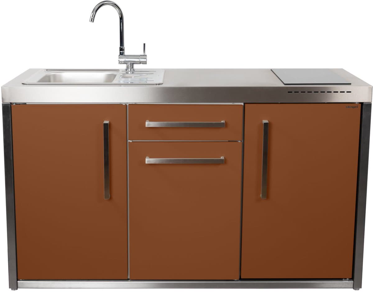 Minikeuken BeNeLux Stengel MO150 S voorgemonteerde metalen outdoor keuken met koelkast - inductie kookplaat - water en electriciteits aansluiting inclusief alle toebehoren - Lava Bruin — afbeelding 1