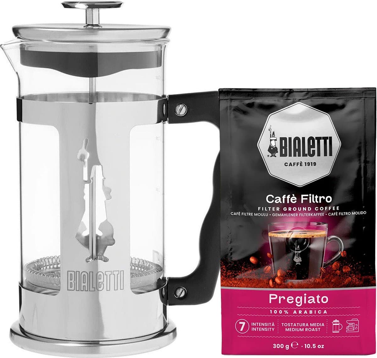 Bialetti French Press Preziosa 1000ml + Bialetti Pregiato Gemalen Filterkoffie 300 gram — afbeelding 1