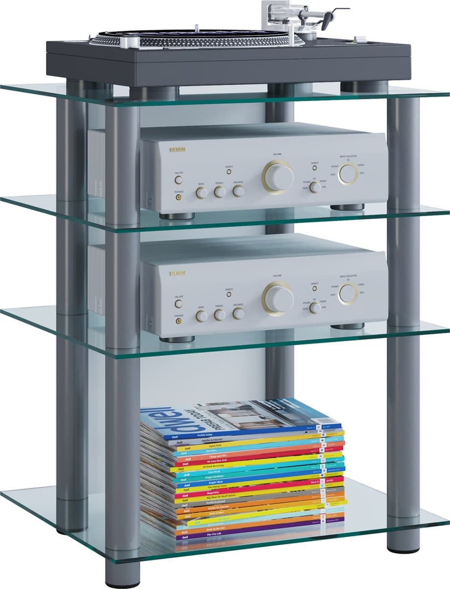 VCM hifi-kasten, platenspelerkast, stereokast, hifi-rekken, routerstandaard, hifi-rekken en -standaards, witte platenspelerstandaard, draaitafelstandaard met opbergruimte voor vinylplaten, platenspelermeubel, glazen tv-meubel, mediameubel — afbeelding 1