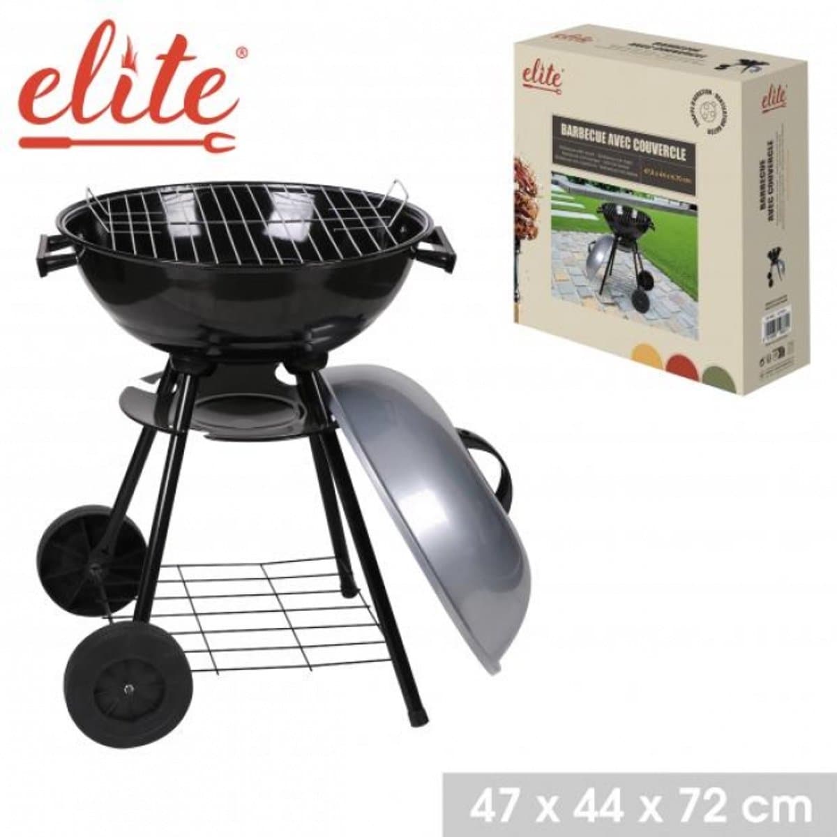 Houtskoolbarbecue met deksel ELITE – Compacte BBQ met wielen en opbergrek – Ideaal voor balkon, terras en tuin – 47,5 x 44 x H70 cm — afbeelding 1