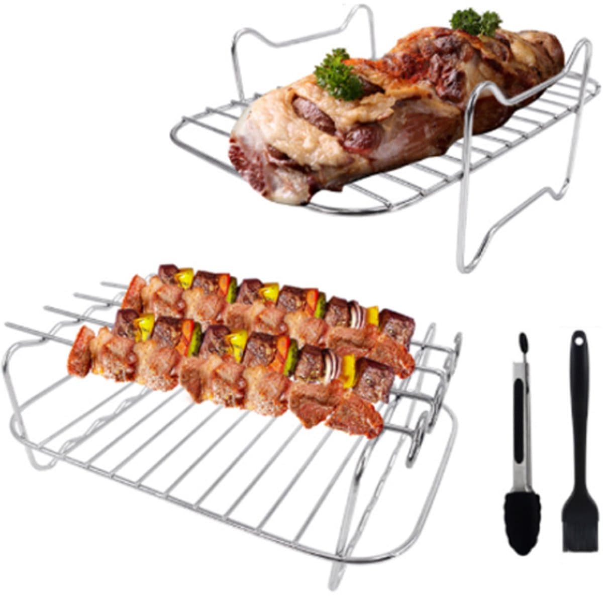 4 stuks - Airfryer Rek - Met olieborstel en klem - voor dubbele mand Airfryers - Airfryer-accessoires - geschikt voor braadoven en magnetron airfryer accessoires - 17.7*17.5cm - zilver - metaal — afbeelding 1