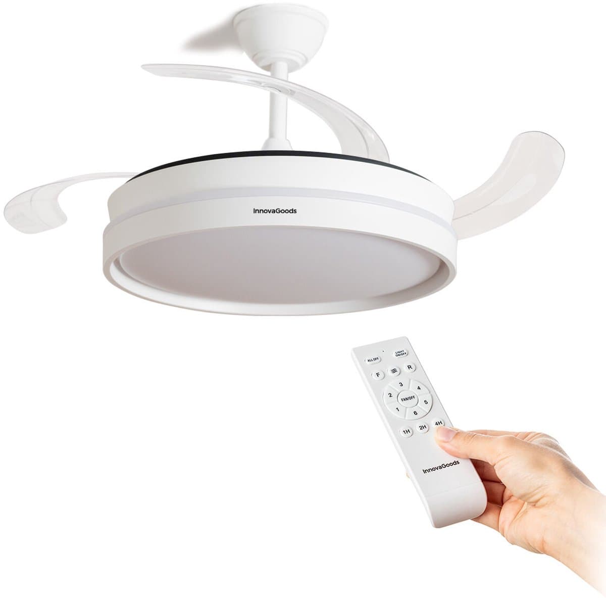 Plafondventilator met licht InnovaGoods, stil, intrekbare bladen, 6 snelheden, 3 modi, afstandsbediening — afbeelding 1