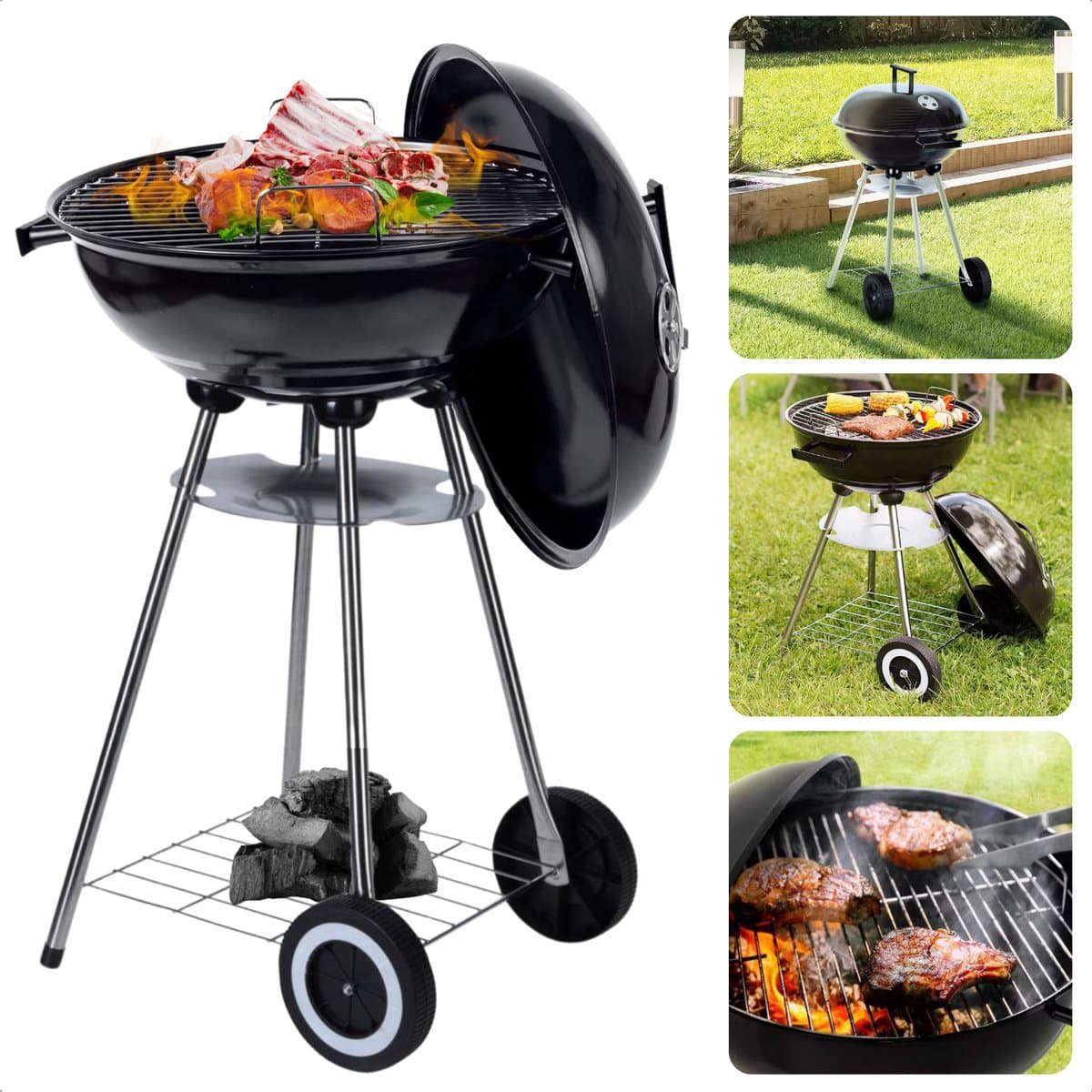 Cheqo® Houtskool Barbecue - Kogelgrill Houtskoolbarbecue - BBQ - Barbecue met Wielen - Zwart Metaal - Op Wielen - Inclusief EBOOK — afbeelding 1