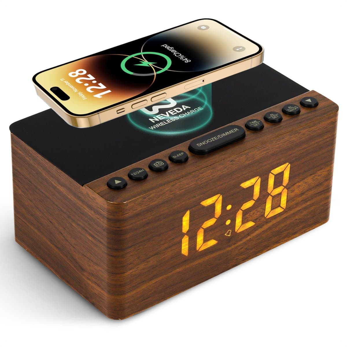 Neveda Digitale Wekkerradio Met Draadloze Oplader Telefoon - Wekkers digitaal op netstroom - Klokradio Slaapkamer - Voor kinderen & Volwassenen - Bruin hout — afbeelding 1