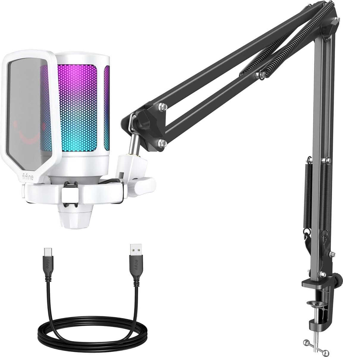 FIFINE - A6T - Wit - USB Studio microfoon - PC-Gaming Met Flexibele Arm ( 66cm! ) - Geschikt voor PC/PS4/PS5 - RGB - Podcast - Gaming - Streaming - Zwart — afbeelding 1