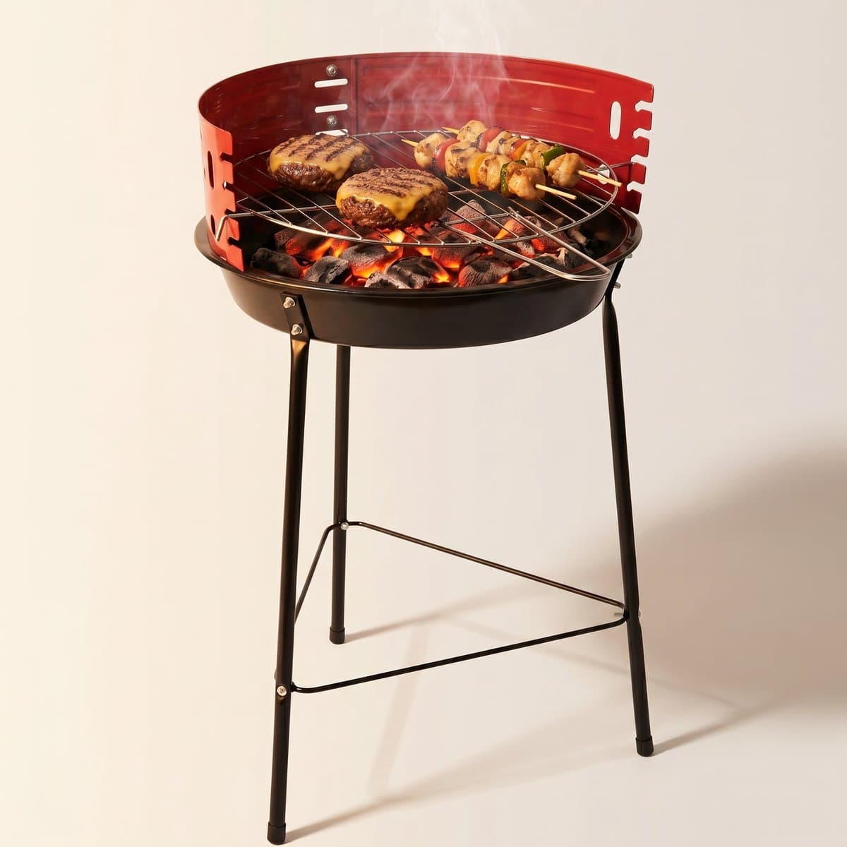 Cheqo® Houtskool Barbecue - Ronde BBQ op 3 Poten - Staande Barbecue - Grillrooster met Windscherm - Verstelbaar Rooster voor Tuin en Balkon - Buitenbarbecue - Houtskoolbarbecue - Rood - Camping BBQ - Grillen voor Buiten - Picknick — afbeelding 1