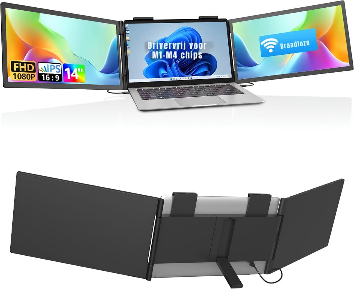AHD® Professionele Portable Monitor - USB-C - 14 Inch - Double Draagbare Monitor - Portable Monitor Voor Laptop - Zwart - 1cm x 34cm x 21cm — afbeelding 1