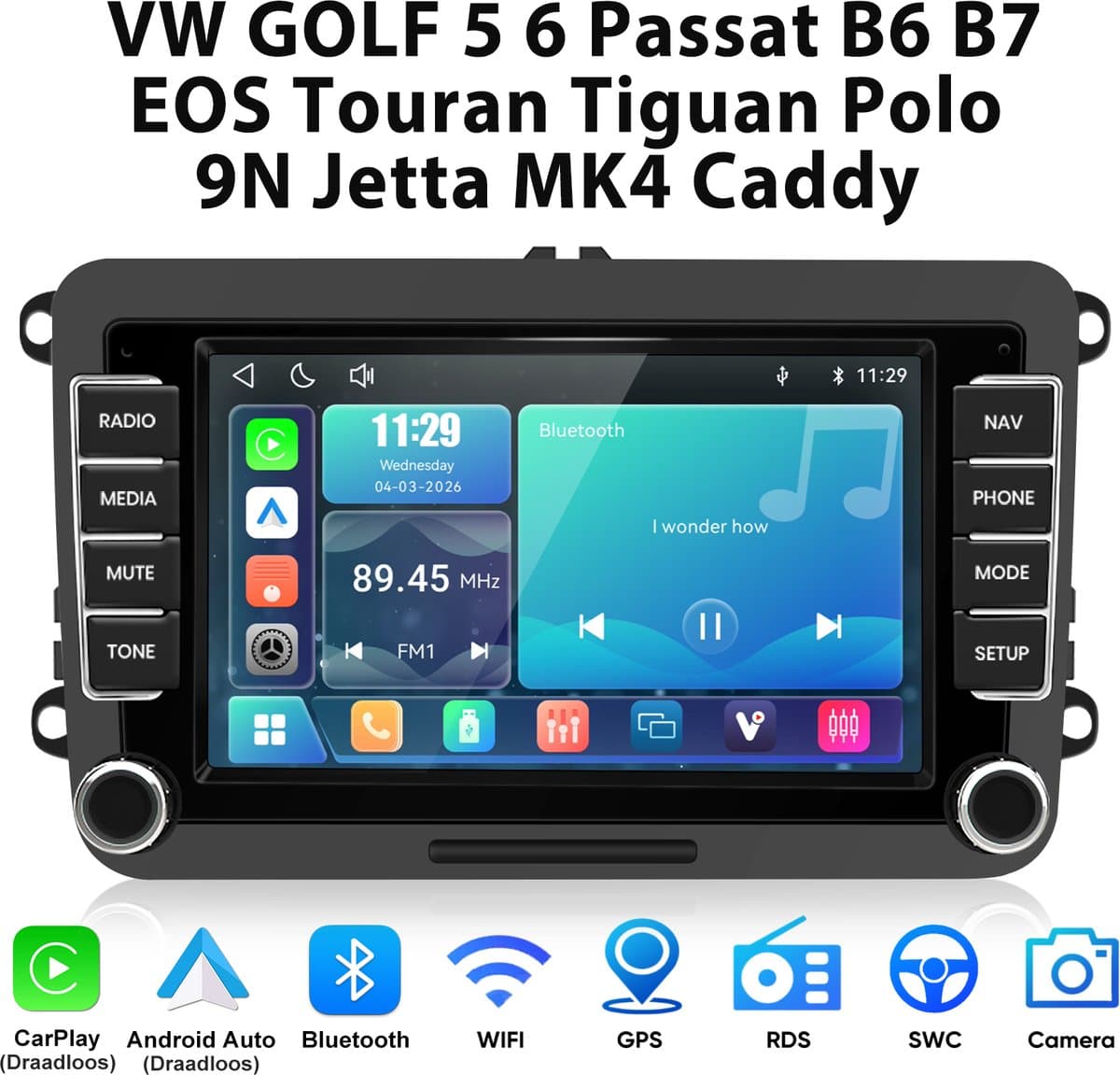 Junsun linux Draadloze CarPlay & Andriod Auto Autoradio Geschikt Voor VW GOLF 5 6 Passat B6 B7 EOS Touran Tiguan Polo 9N Jetta MK4 Caddy Accessoires , Bluetooth, GPS Navi, 7-inch Touchscreen, AirPlay, Stuurwielbediening, WiFi, USB, RDS, Plug & Play — afbeelding 1