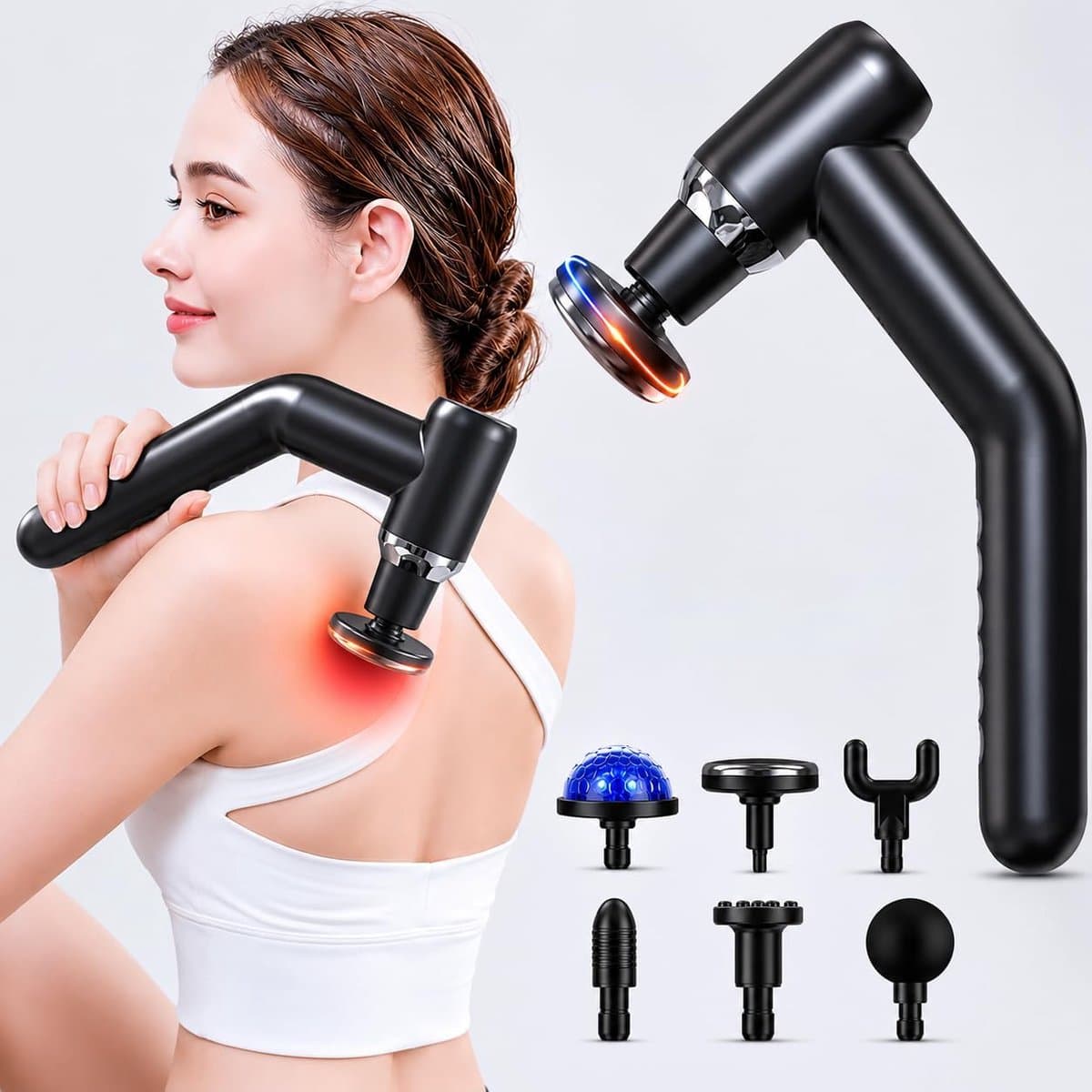 Professionele Massage Gun Met Verlengde Greep - Massage Apparaat - Massage Pistool - Warmte En Koude - 6 Massagekoppen - 6 Snelheden - USB-C - Bereik Rug Nek Schouders & Benen moeiteloost — afbeelding 1