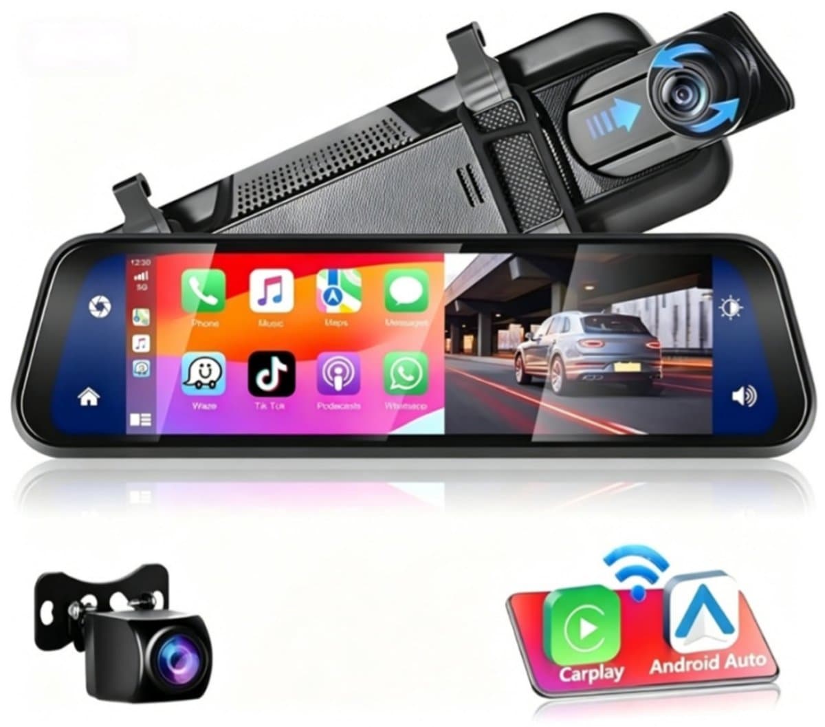 Achteruitkijkspiegel-dashcam - met draadloze Apple CarPlay- en Android Auto-functionaliteit - 9,66 inch - 4K-resolutie - IPS-touchscreen - dual-screen dashcam - Bluetooth + AHD-achteruitrijcamera - wifi — afbeelding 1