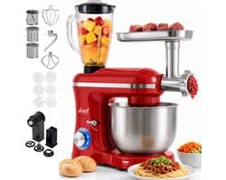 Vivid Green 2000W Keukenmixer - Vleesmolen, Blender & Pastamachine - Geschikt voor Zwaar Deeg - 6,2L Mengkom - Keukenmachine - Keukenrobot - Rood