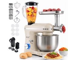 Vivid Green 2000W Keukenmixer - Vleesmolen, Blender & Pastamachine - Geschikt voor Zwaar Deeg - 6,2L Mengkom - Keukenmachine - Keukenrobot - Crème