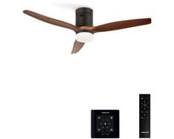 CREATE - Plafondventilator silent 100% hout 40W (Ø132cm) - Met licht LED - Controller voor wandmontage + Afstandsbediening - 6 snelheden - Programmeerbaar - WIND CALM NATURAL WOOD