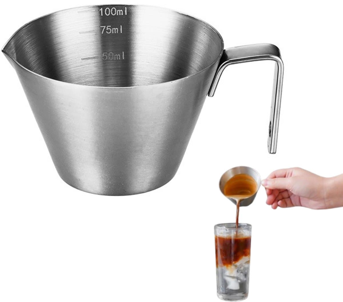 1 Stuk -espressokopjes - roestvrijstalen - maatbeker met enkele tuit en schaalverdeling - handvat - espresso-accessoires voor het zetten van koffie (100ml, zilverkleurig) — afbeelding 1