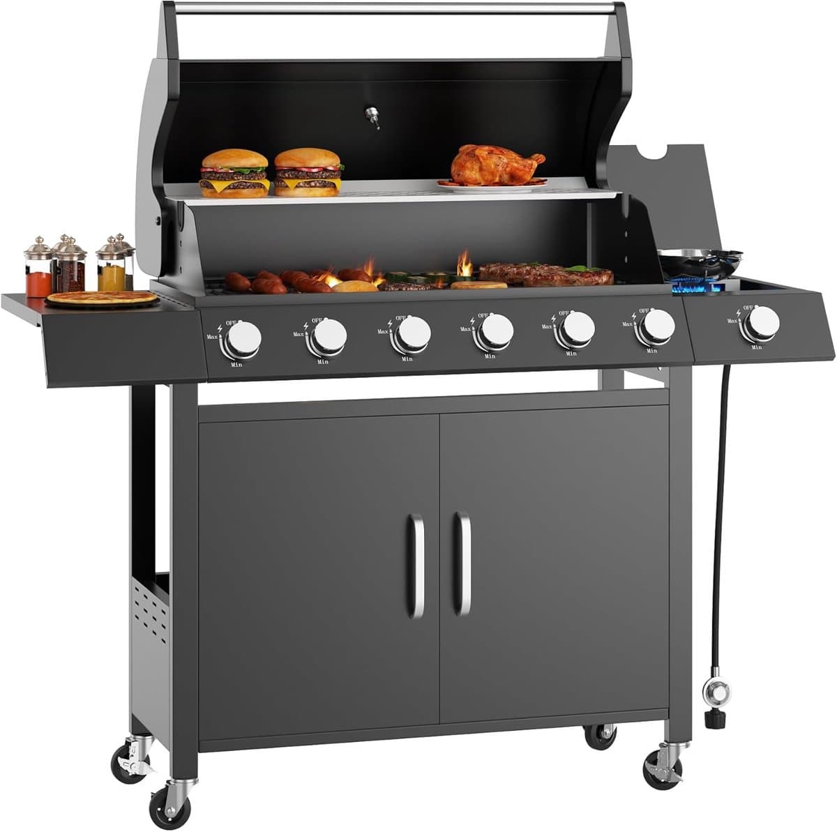 Propaanbarbecue met 6 hoofdbranders en 1 roestvrijstalen zijbrander – barbecuewagen van 60.000 BTU – voorzien van warmhoudrek, onderkast en 2 zwenkwielen met rem – geschikt voor in de tuin, op het terras en op de camping — afbeelding 1