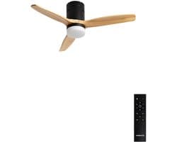 CREATE - Plafondventilator 40W silent 100% hout (Ø132cm) (ruimtes 10m²-25m²) - Zwart / Licht hout - Met licht - Afstandsbediening - WIND CALM NATURAL WOOD