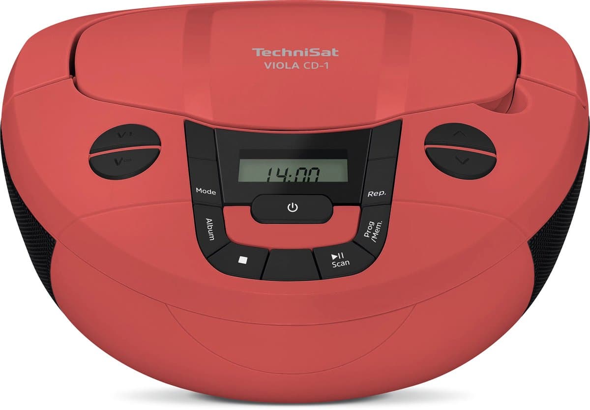 TechniSat VIOLA CD-1 - draagbare stereo cd-speler, Boombox met praktische draaggreep (radio voor kinderen, FM-radiotuner, Bluetooth-ontvangst, 2 x 1 W RMS-vermogen, net- en batterijvoeding) Rood — afbeelding 1