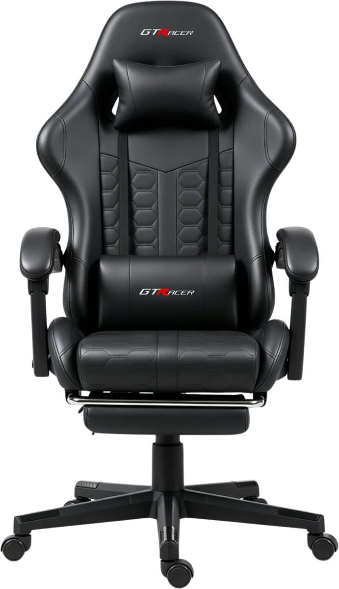 GTRacer - Game Stoel Met Voetensteun - Gaming Stoel - Ergonomische Bureaustoel - Gamestoel - Verstelbaar - Gaming Chair - Zwart — afbeelding 1