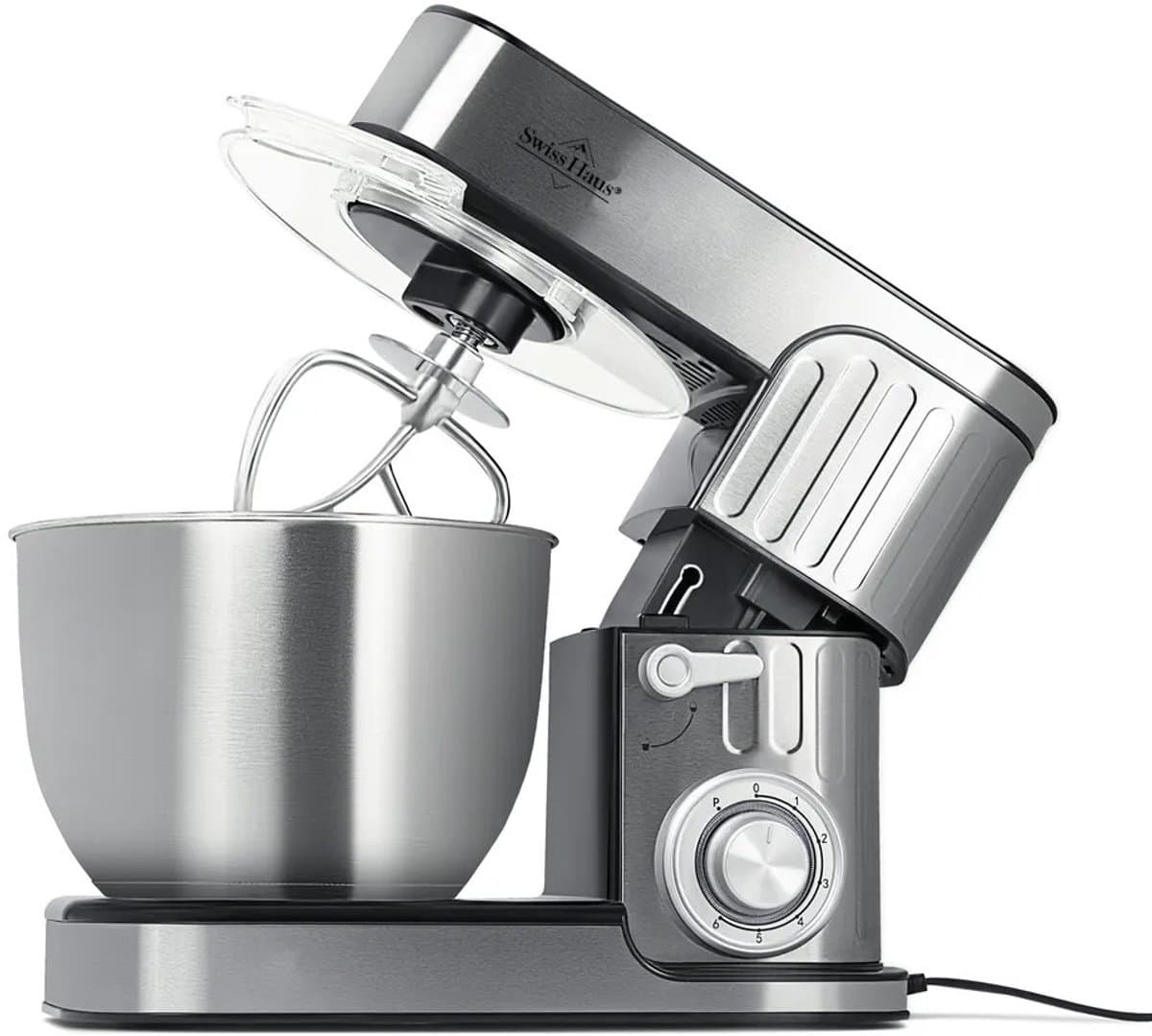 Swiss Haus® KM2206 Keukenmachine – 1300W Keukenrobot – 6L RVS Mengkom – 6 Snelheden + Pulse – Multifunctionele Keukenmixer met Deeghaak, Garde & Klopper – RVS — afbeelding 1