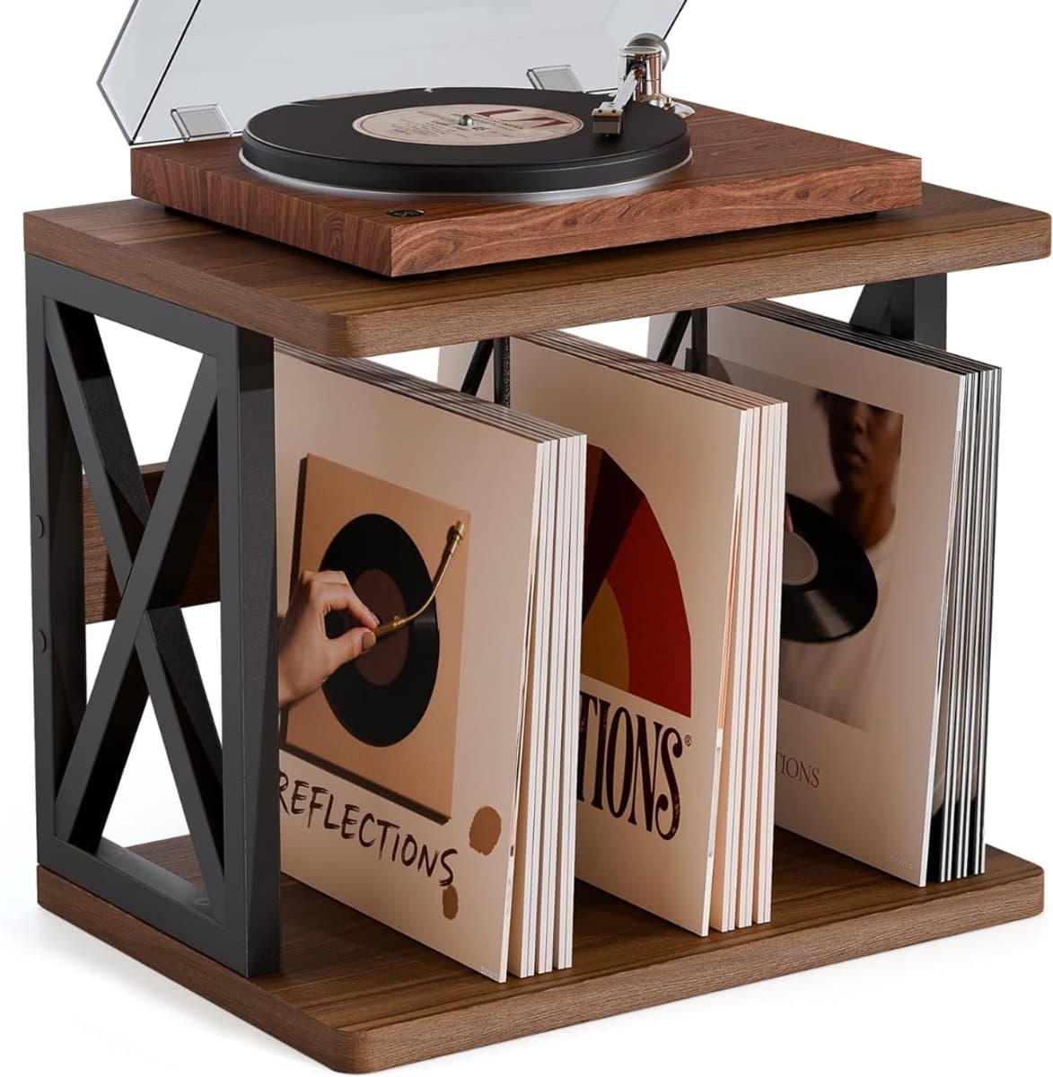 SNJY® Platenspeler Meubel - Platenspeler Kast - LP Houder - Platenhouder - 32D x 40B x 36H cm - Bruin/Zwart — afbeelding 1
